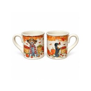 Certified International Fall Dog Mugs Set of 2 Autumn Pumpkins Apples Harvest